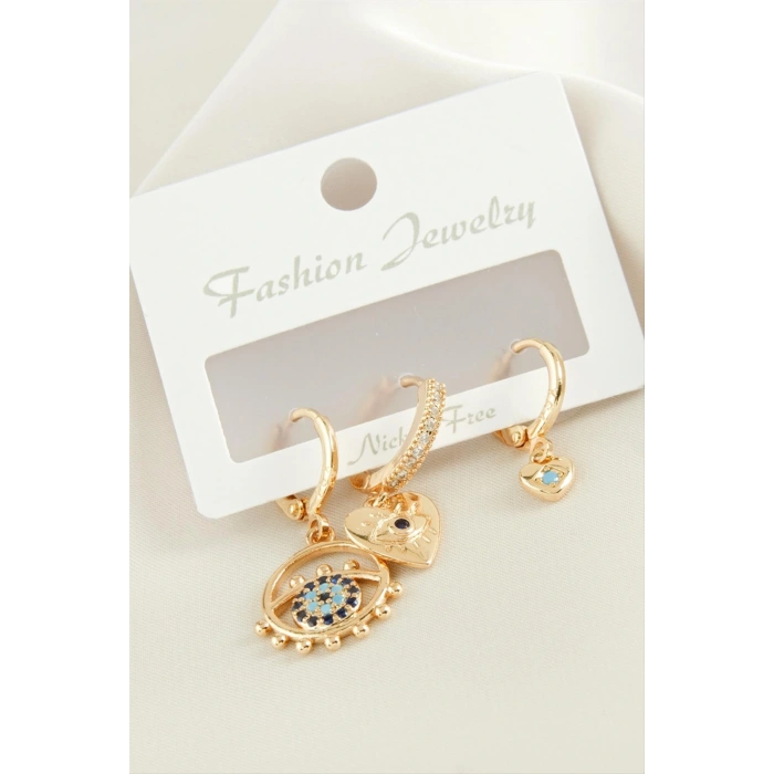 3 Adet Kalp Nazar Zirkon Taşlı Küpe