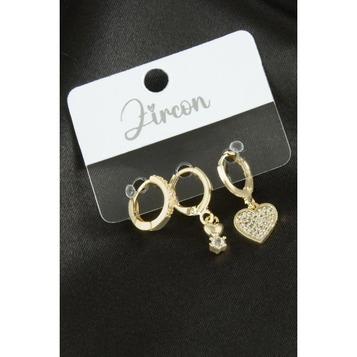 3 Adet Kalp Zirkon Taşlı Küpe