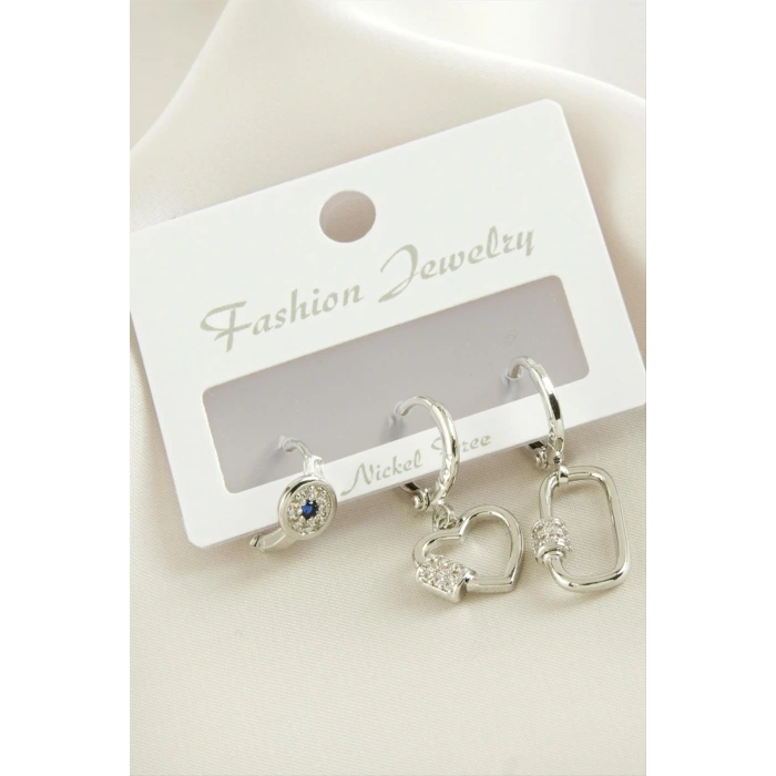 3 Adet Kalp Zirkon Taşlı Küpe