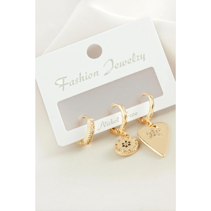 3 Adet Kalp Zirkon Taşlı Küpe