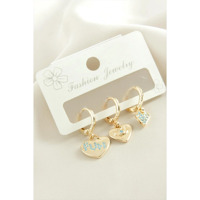 3 Adet Kalp Zirkon Taşlı Küpe