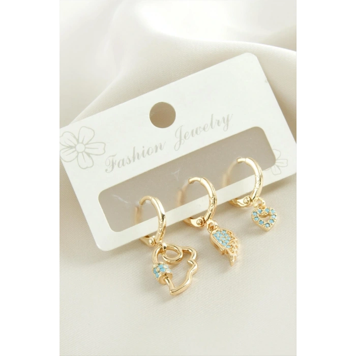 3 Adet Kanat Zirkon Taşlı Küpe