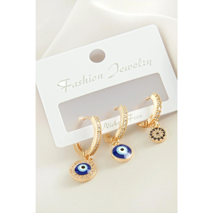 3 Adet Nazar Zirkon Taşlı Küpe