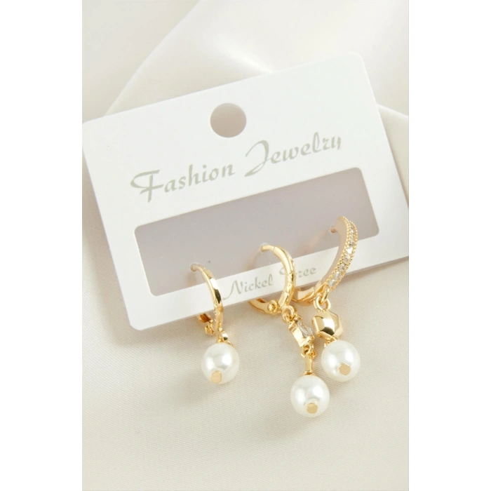 3 Adet Oval İnci Zirkon Taşlı Küpe