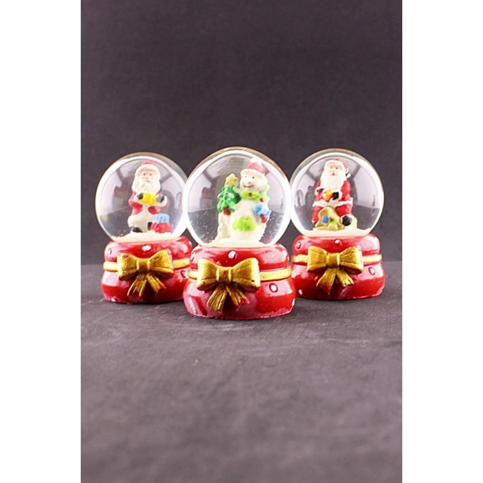 3 Adet Yeni Yıl Noel Baba Temalı Kurdele Detaylı Mini Boy Işıklı Kar Küresi 6,5 cm B