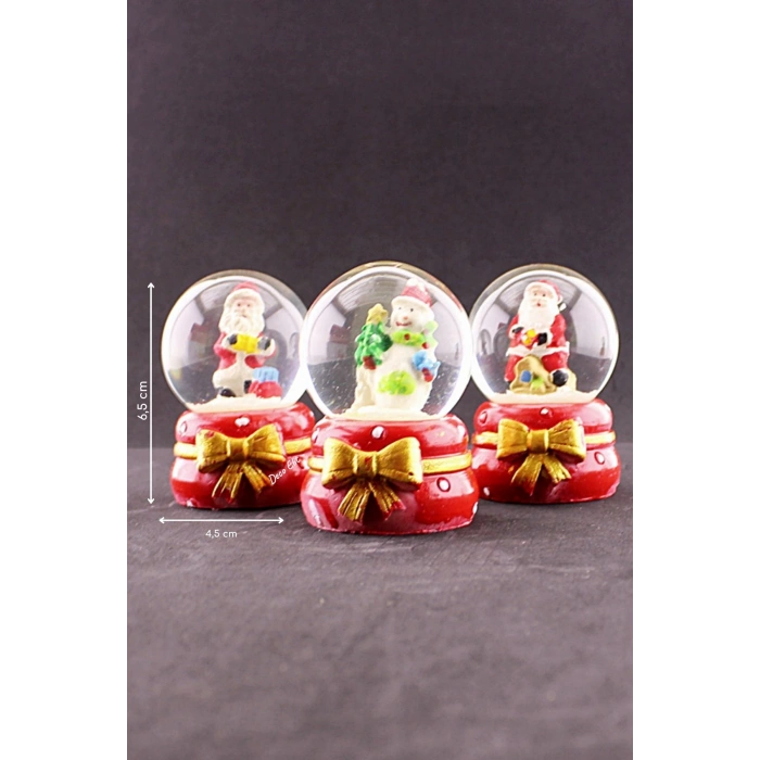 3 Adet Yeni Yıl Noel Baba Temalı Kurdele Detaylı Mini Boy Işıklı Kar Küresi 6,5 cm B