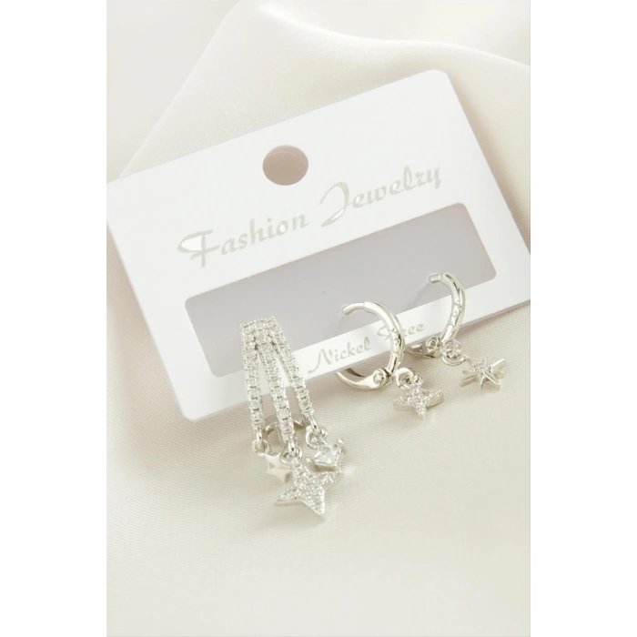 3 Adet Yıldız Zirkon Taşlı Küpe