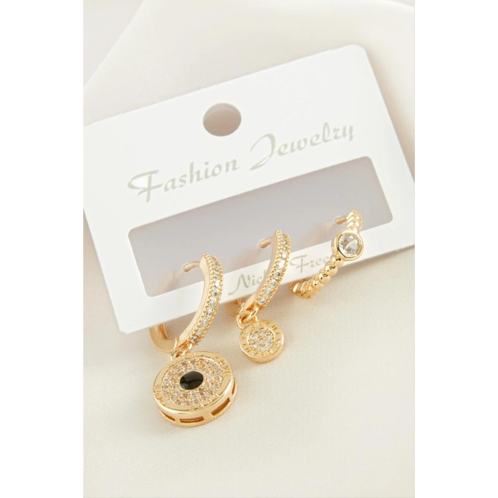 3 Adet Yuvarlak Zirkon Taşlı Küpe