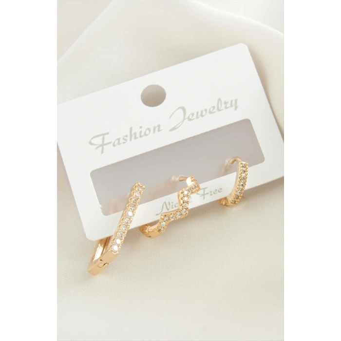 3 Adet Zikzak Zirkon Taşlı Küpe