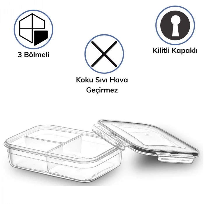 3 Bölmeli Kilitli Kapaklı 1 Litre Erzak Saklama Kabı LC-510 (4887)