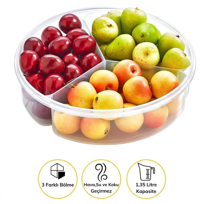 3 Bölmeli Sızdırmaz Contalı Kilitli Kapaklı 1,35 Litre yuvarlak Erzak Saklama Kabı LC-500 (4887)