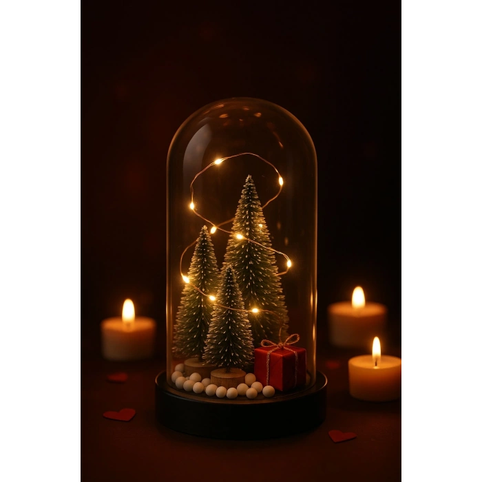 3 Çam Ağacı ve Hediye Temalı Led Işıklı Fanus İçinde  Yeni Yıl Hediye Noel Yılbaşı Gece Lambası