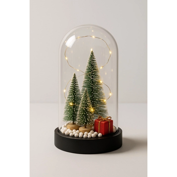 3 Çam Ağacı ve Hediye Temalı Led Işıklı Fanus İçinde  Yeni Yıl Hediye Noel Yılbaşı Gece Lambası