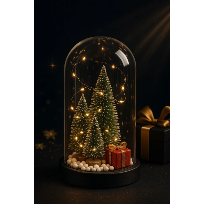 3 Çam Ağacı ve Hediye Temalı Led Işıklı Fanus İçinde  Yeni Yıl Hediye Noel Yılbaşı Gece Lambası