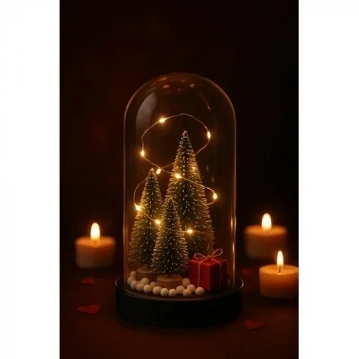 3 Çam Ağacı ve Hediye Temalı Led Işıklı Fanus İçinde  Yeni Yıl Hediye Noel Yılbaşı Gece Lambası
