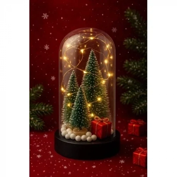 3 Çam Ağacı ve Hediye Temalı Led Işıklı Fanus İçinde  Yeni Yıl Hediye Noel Yılbaşı Gece Lambası