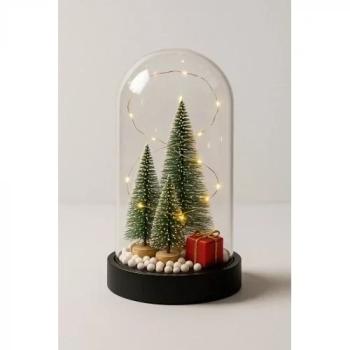 3 Çam Ağacı ve Hediye Temalı Led Işıklı Fanus İçinde  Yeni Yıl Hediye Noel Yılbaşı Gece Lambası