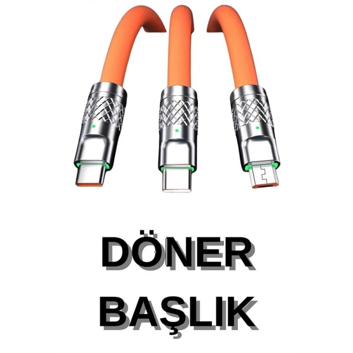 3 İn 1 Süper Hızlı Şarj Kablosu Android Ve İos Uyumlu Silikon Şarj Kablosu