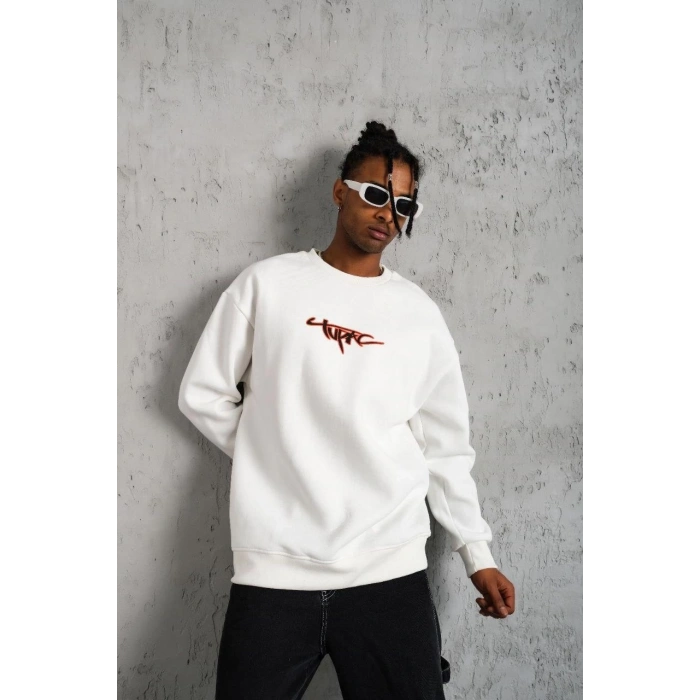 3 İplik Gangster Baskılı Sweatshirt - Beyaz -