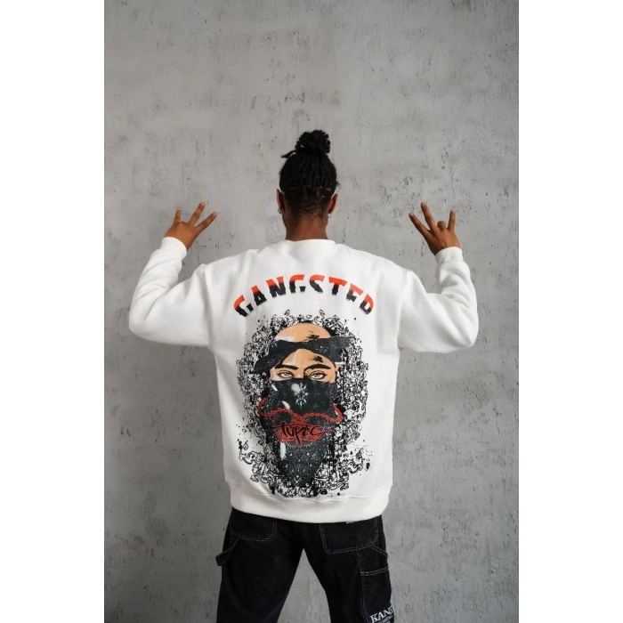 3 İplik Gangster Baskılı Sweatshirt - Beyaz -