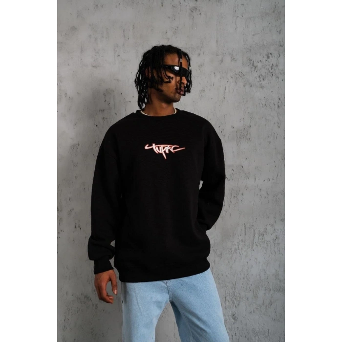 3 İplik Gangster Baskılı Sweatshirt - Siyah -