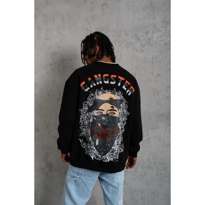 3 İplik Gangster Baskılı Sweatshirt - Siyah -