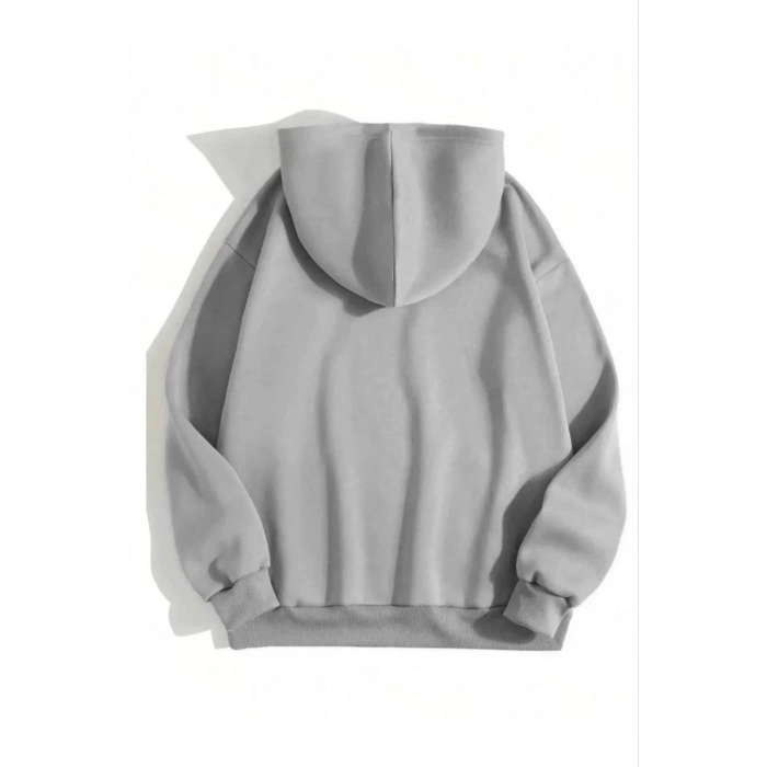 3 İplik Pamuklu   Kapşonlu Sweetshirt - Gri -
