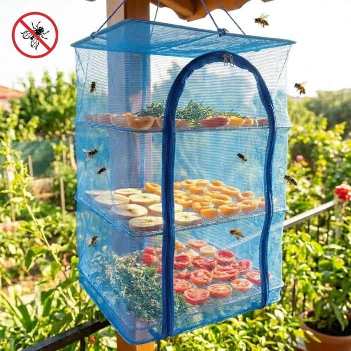 3 Katlı Fermuarlı Sebze Meyve Kurutucu File – 40x40 cm Katlı Askılı Kurutma Filesi (52 cm Uzunluk) (4887)
