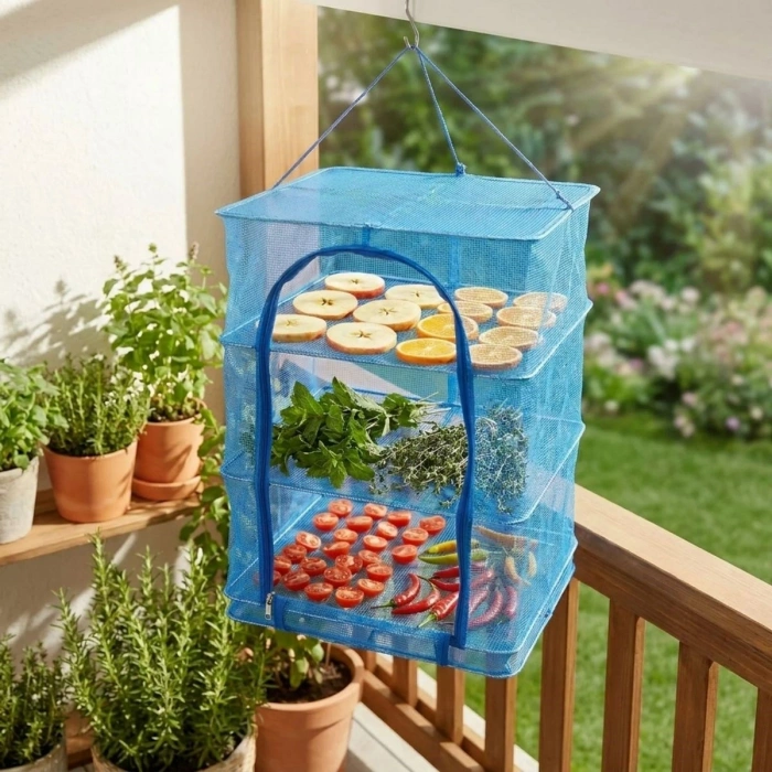 3 Katlı Fermuarlı Sebze Meyve Kurutucu File – 40x40 cm Katlı Askılı Kurutma Filesi (52 cm Uzunluk) (4887)