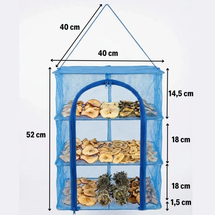 3 Katlı Fermuarlı Sebze Meyve Kurutucu File – 40x40 cm Katlı Askılı Kurutma Filesi (52 cm Uzunluk) (4887)