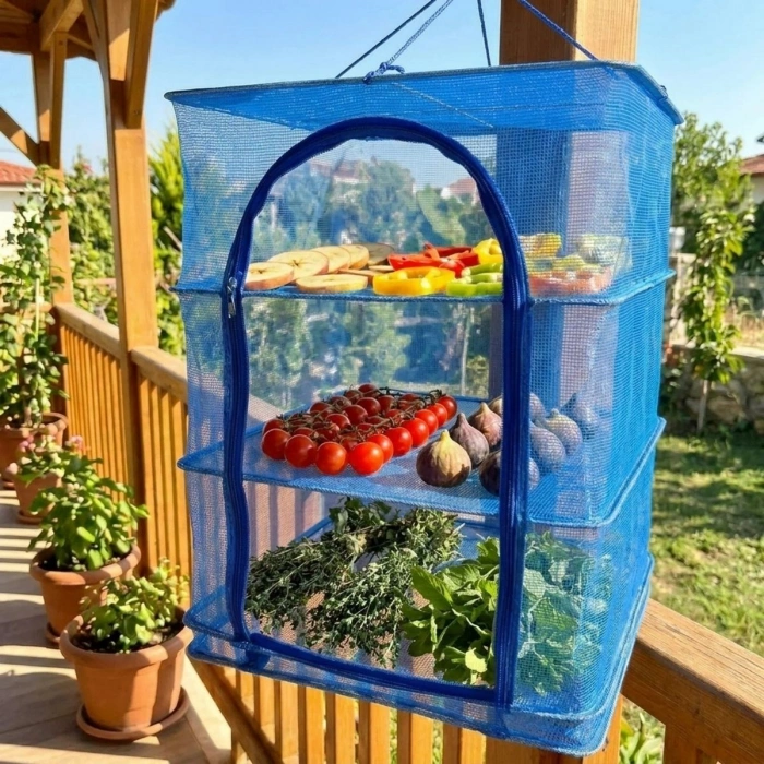 3 Katlı Fermuarlı Sebze Meyve Kurutucu File – 45x45 cm Katlı Askılı Kurutma Filesi (56 cm Uzunluk) (4887)