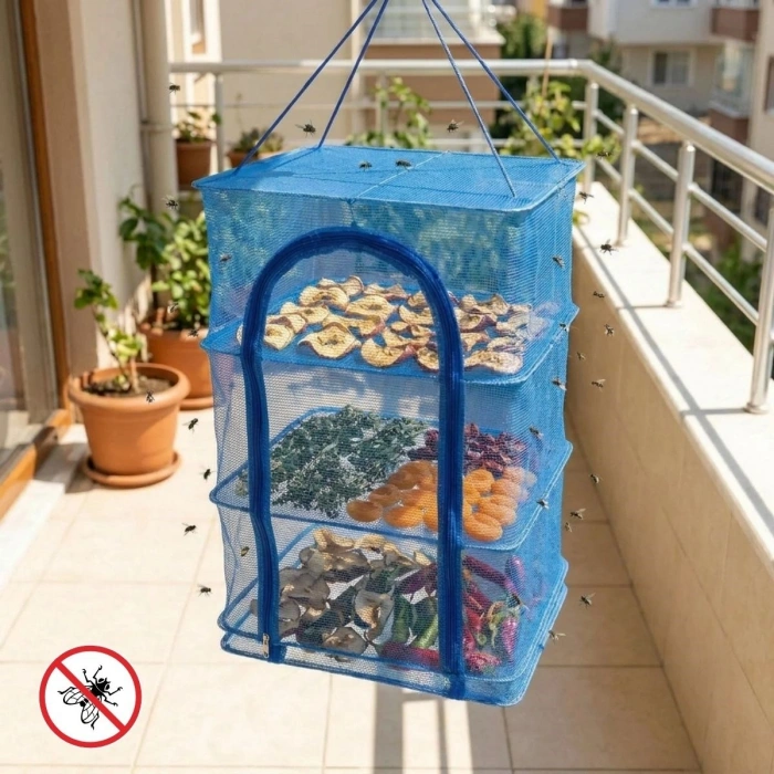 3 Katlı Fermuarlı Sebze Meyve Kurutucu File – 45x45 cm Katlı Askılı Kurutma Filesi (56 cm Uzunluk) (4887)