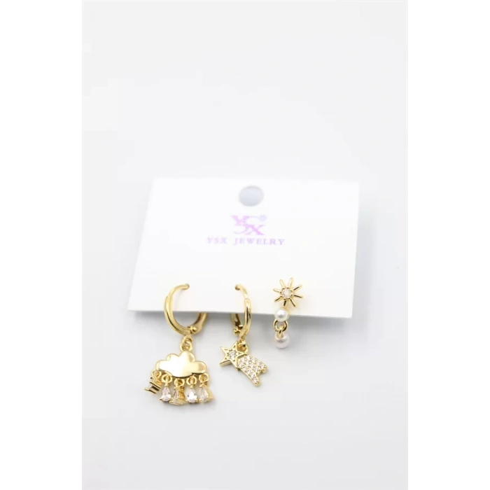 3lü Bulut Küpe - Altın