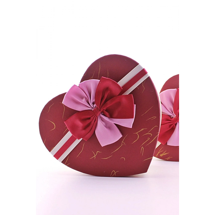 3 Lü Set Kalp Şeklinde Kurdeleli Karton Kutu Kırmızı - Bej