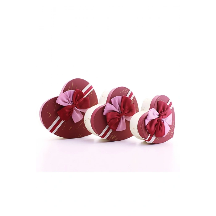 3 Lü Set Kalp Şeklinde Kurdeleli Karton Kutu Kırmızı - Bej