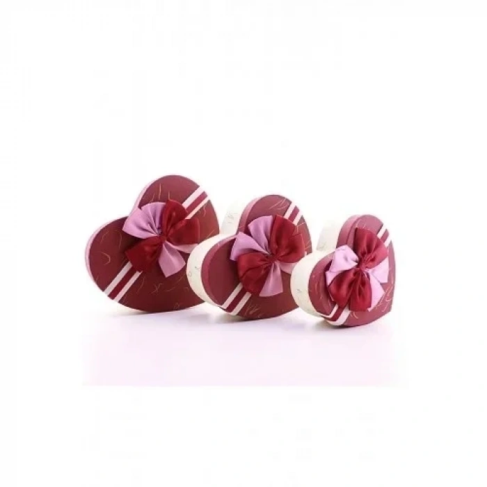 3 Lü Set Kalp Şeklinde Kurdeleli Karton Kutu Kırmızı - Bej