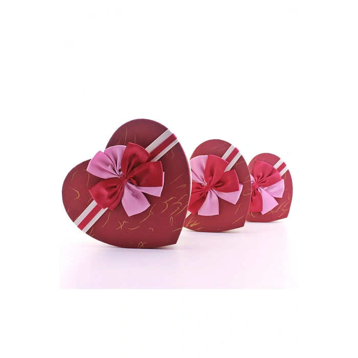 3 Lü Set Kalp Şeklinde Kurdeleli Karton Kutu Kırmızı - Bej