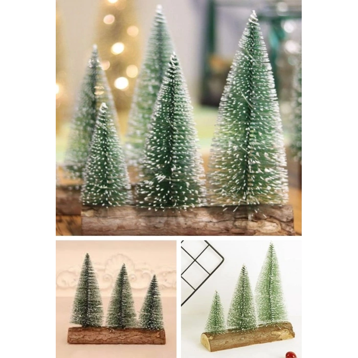 3 Lü Set Nevada Mini Çam Ağaçları Meşe Kütük Üzerinde Yılbaşı Hediyesi  16-12-10  cm