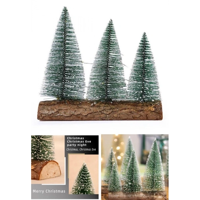 3 Lü Set Nevada Mini Çam Ağaçları Meşe Kütük Üzerinde Yılbaşı Hediyesi  16-12-10  cm