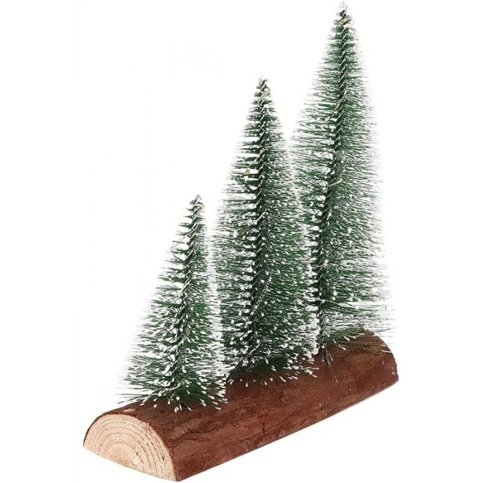 3 Lü Set Nevada Mini Çam Ağaçları Meşe Kütük Üzerinde Yılbaşı Hediyesi  16-12-10  cm