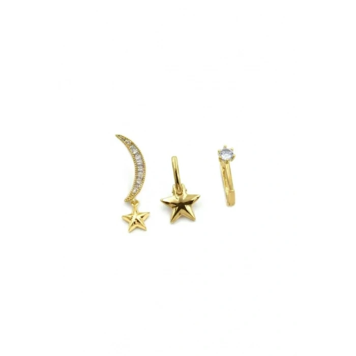 3lü Taşlı Halka Küpe - Altın