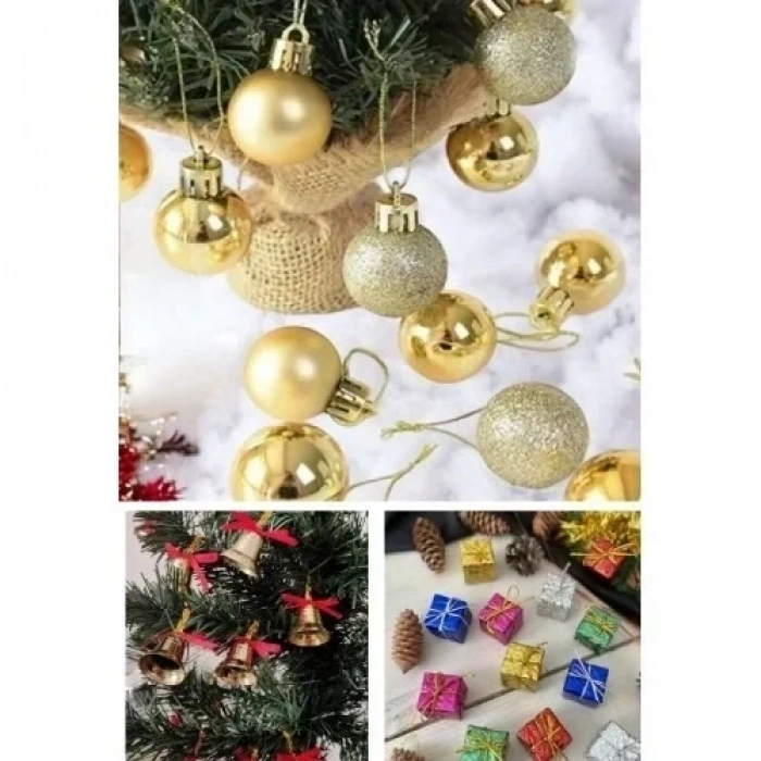 3 lü Yılbaşı Seti-12li Mini Hediye Paketi Süsü-12’li Gold Yılbaşı Ç.Ağacı Topu-12li Çam Ağacı Çan