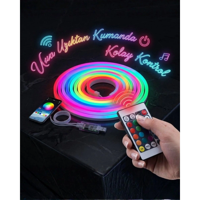 3 Metre Rgb Akıllı Neon Led Şerit Işık Telefon Ve Kumanda Kontrollü Ambiyans Aydınlatma