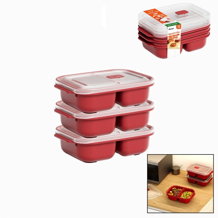3 PCS KIRMIZI BÖLME DİKDÖRTGEN SAKLAMA KABI SETİ 1200ML (4887)