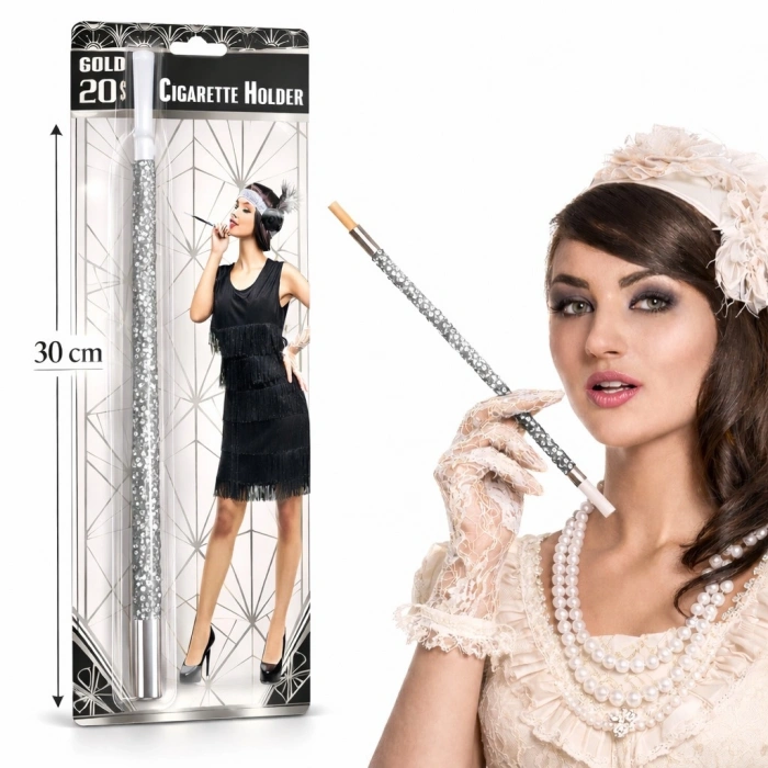 30 cm Gümüş Payetli Sigara Tutacağı – 1920’ler Gatsby Parti Aksesuarı
