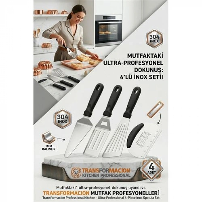 304 Inox Paslanmaz Çelik 4’lü Spatula Ve Hamur Kesici Seti - Ultra Profesyonel Seri 723144