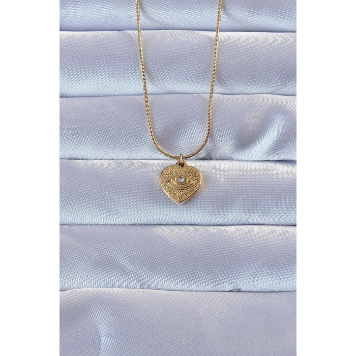 316L Altın Renk Zirkon Taşlı İşlemeli Göz Detay Kalp Kolye - TJ-BKO9286
