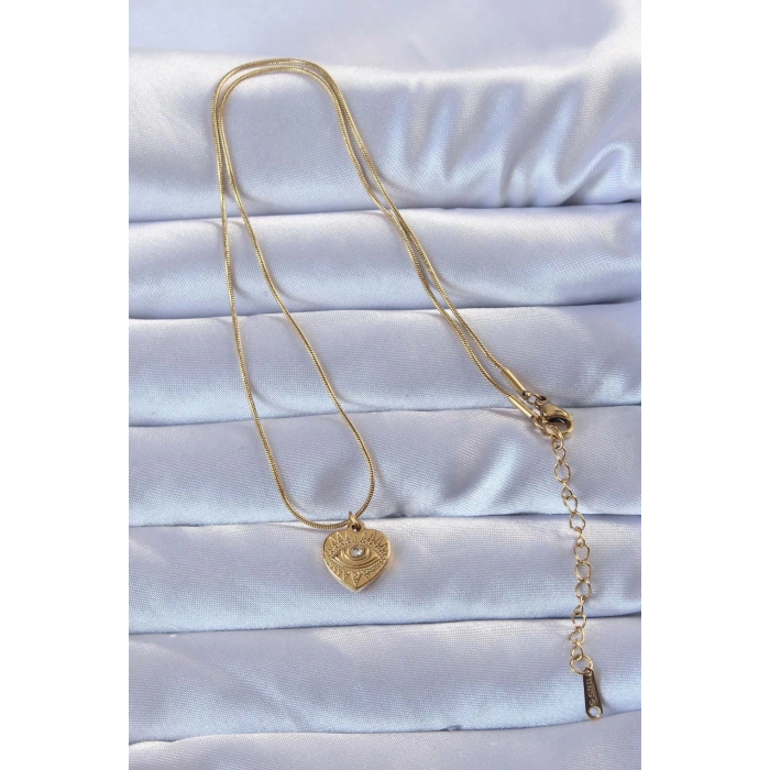 316L Altın Renk Zirkon Taşlı İşlemeli Göz Detay Kalp Kolye - TJ-BKO9286