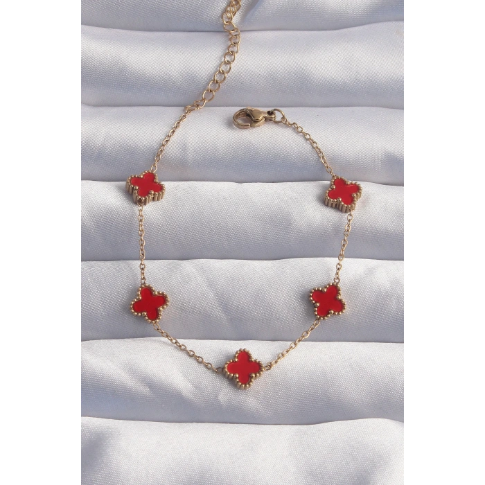 316L Çelik Baby Boy Gold Renk Kırmızı Mineli Yonca Bileklik - TJ-BB6274