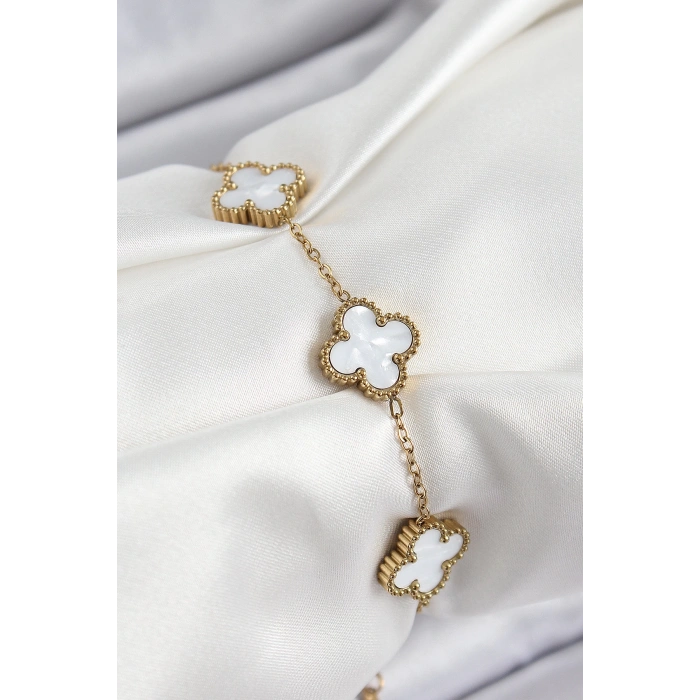 316L Çelik Beyaz Sedef Yonca Model Gold Renk Kadın Bileklik - TJ-BB7364